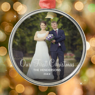 Unsere erste Weihnachtsfamilie Name Elegantes Foto Ornament Aus Metall