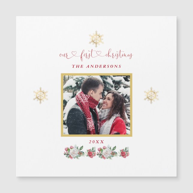 Unsere erste Weihnachtsfeier mit floraler Snowflak Magnetkarte (Vorderseite)