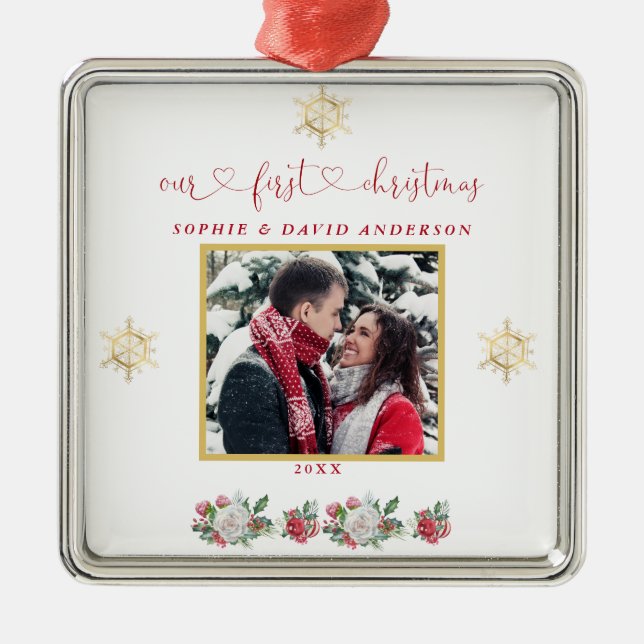 Unsere erste Weihnachtsfeier mit floraler Snowflak Ornament Aus Metall (Vorne)