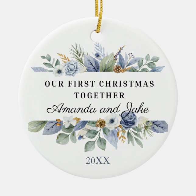 Unsere erste Weihnachtsfeier zusammen Aquarellgrün Keramik Ornament (Vorne)