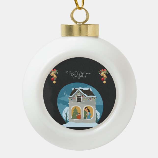 Unsere erste Weihnachtsfeier zusammen mit Familien Keramik Kugel-Ornament (Vorderseite)