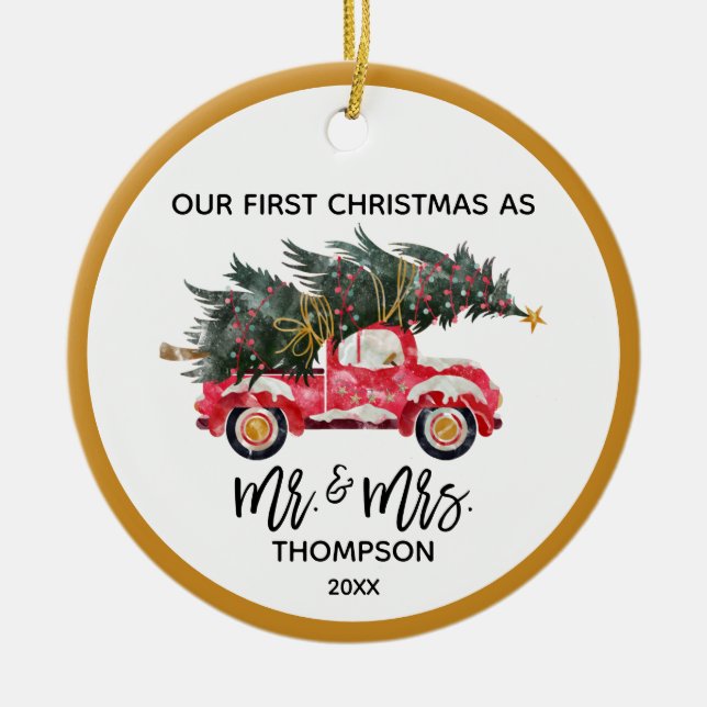 Unsere erste Weihnachtsfrau, Frau Red Truck Hand L Keramik Ornament (Vorne)