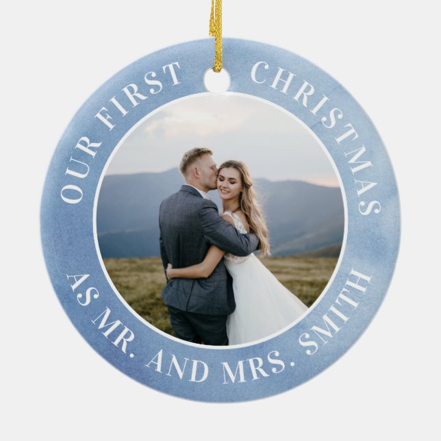 Unsere erste Weihnachtsschneeflocke Mr. & Mrs Pict Keramik Ornament (Hinten)