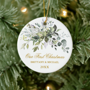 Unsere erste Weihnachtswasserfarbe Grün Gold Keramik Ornament