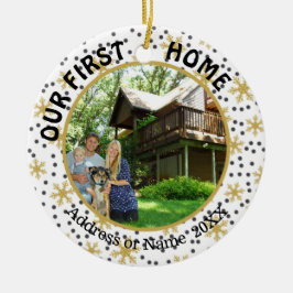 Unsere erste Zuhause, Goldene Schneeflocken, zwei Keramikornament