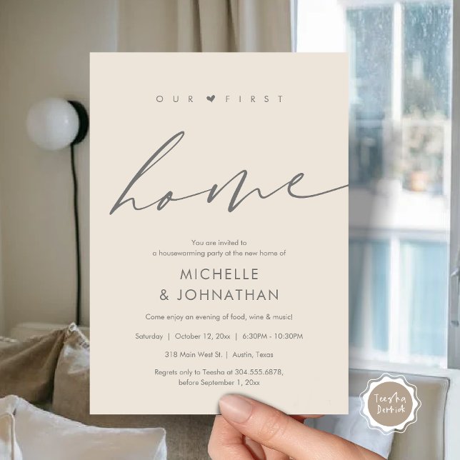 Unsere erste Zuhause, Party-Feier Einladung (Our first home, Housewarming party celebration Invitation Card, in Grey Cream)