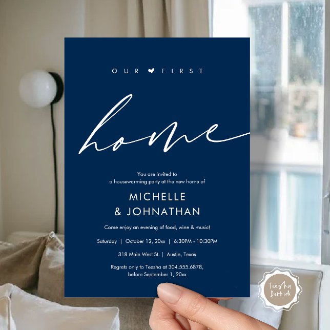 Unsere erste Zuhause, Party-Feier Einladung (Our first home, Housewarming party celebration Invitation Card, in Navy Blue)