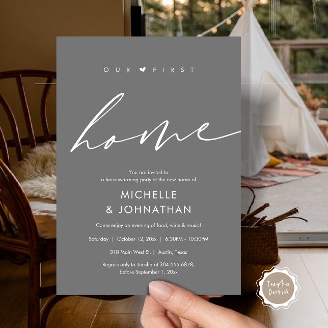 Unsere erste Zuhause, Party-Feier Einladung (Our first home, Housewarming party celebration Invitation Card, in Dark Grey)