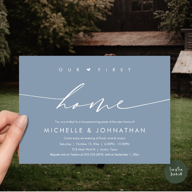 Unsere erste Zuhause, Party-Feier Einladung (Our first home, Housewarming party celebration Invitation Card, PDF, in dusty blue)