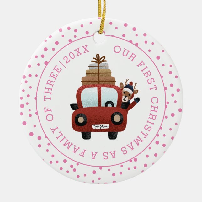 Unsere ersten Weihnachten als Eltern Auto rosa Fot Keramik Ornament (Vorne)
