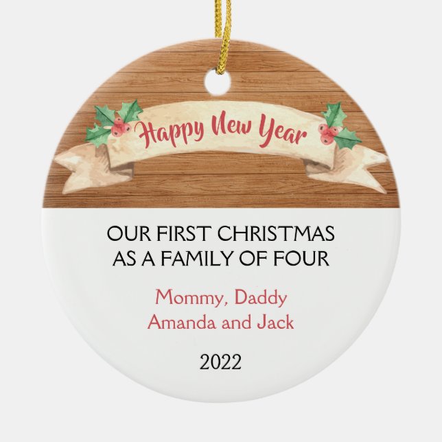 Unsere ersten Weihnachten als Familie von 4 Keramik Ornament (Vorne)