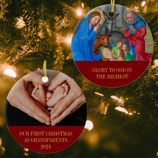 Unsere ersten Weihnachten als Großeltern Religiöse Keramik Ornament (Our First Christmas As Grandparents Religious Christian Catholic Nativity Scene Art Ceramic Ornament)
