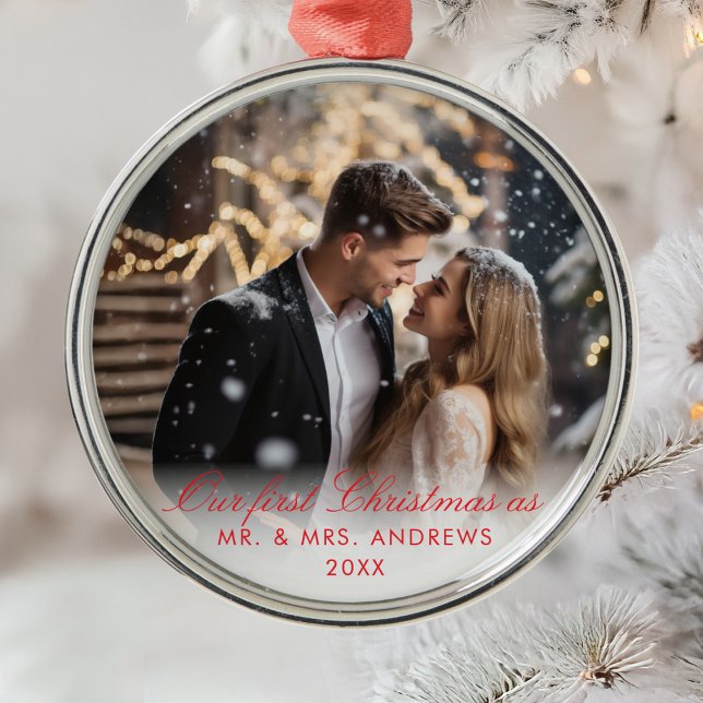 Unsere ersten Weihnachten als Herr. & Mrs. Foto Ornament Aus Metall (Our First Christmas as Mr. & Mrs. Photo Metal Ornament)