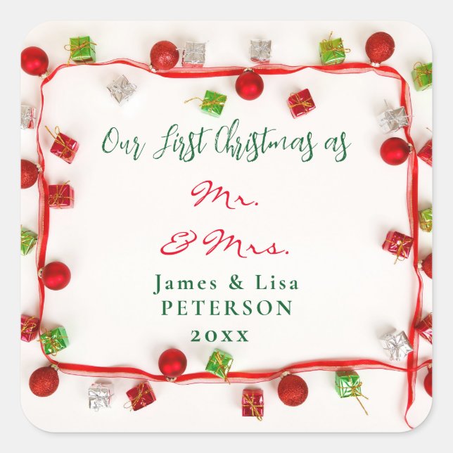 Unsere ersten Weihnachten als Herr. & Mrs. Quadratischer Aufkleber (Vorderseite)