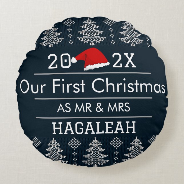 Unsere ersten Weihnachten als Herr und Frau Newlyw Rundes Kissen (Vorderseite)