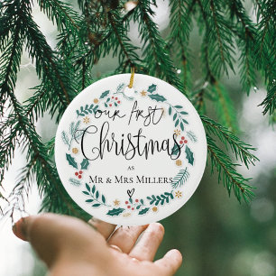 Unsere ersten Weihnachten als Herr und Frau Niedli Keramik Ornament