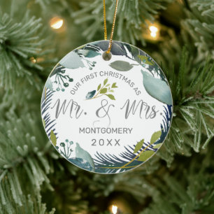 Unsere ersten Weihnachten als Herr und Frau Wreath Keramik Ornament