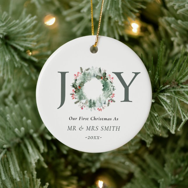 Unsere ersten Weihnachten als Joy Wreath Foto Keramik Ornament (Baum)