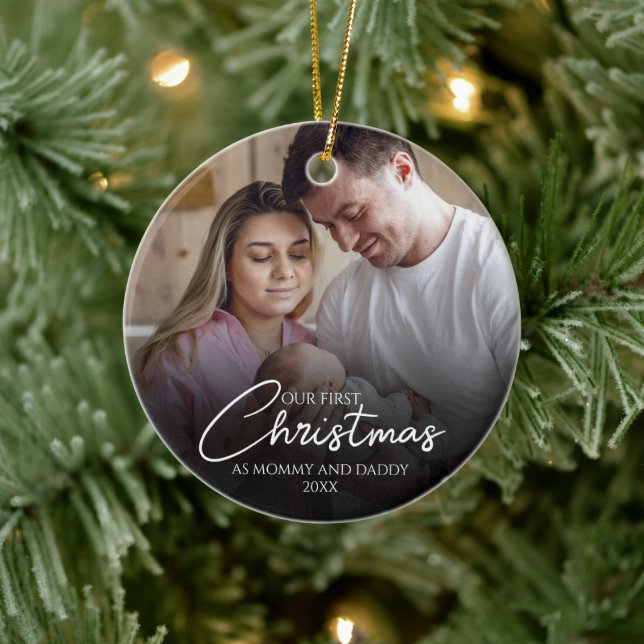 Unsere ersten Weihnachten als Mama und Papa Foto Keramik Ornament (Baum)