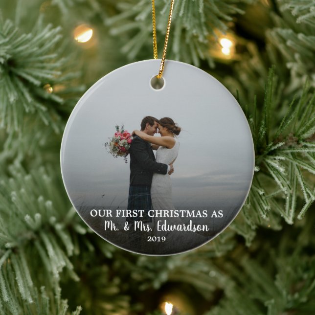 Unsere ersten Weihnachten als Mr. & Mrs. Foto Keramik Ornament (Baum)