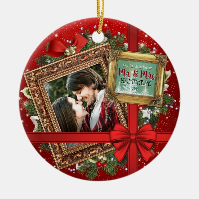 Unsere ersten Weihnachten als Mr. & Mrs. Gold Fram Keramik Ornament (Vorne)