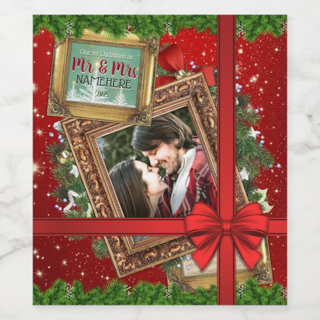 Unsere ersten Weihnachten als Mr. & Mrs. Gold Fram Weinetikett (Einzelnes Label)