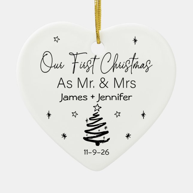 Unsere ersten Weihnachten als Mr. & Mrs. Names & F Keramik Ornament (Vorne)