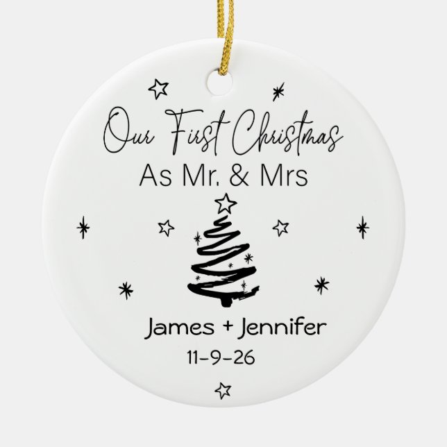 Unsere ersten Weihnachten als Mr. & Mrs. Names & F Keramik Ornament (Vorne)