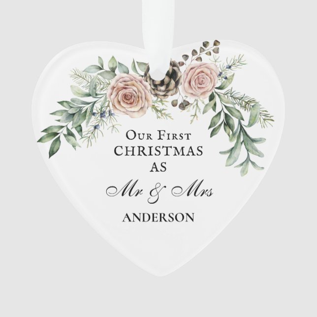 Unsere ersten Weihnachten als Mr. & Mrs. Pink Rose Ornament (Vorderseite)