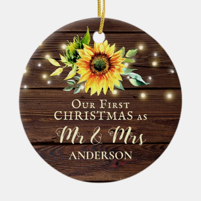 Unsere ersten Weihnachten als Mr. & Mrs. Sunflower Keramik Ornament (Vorne)