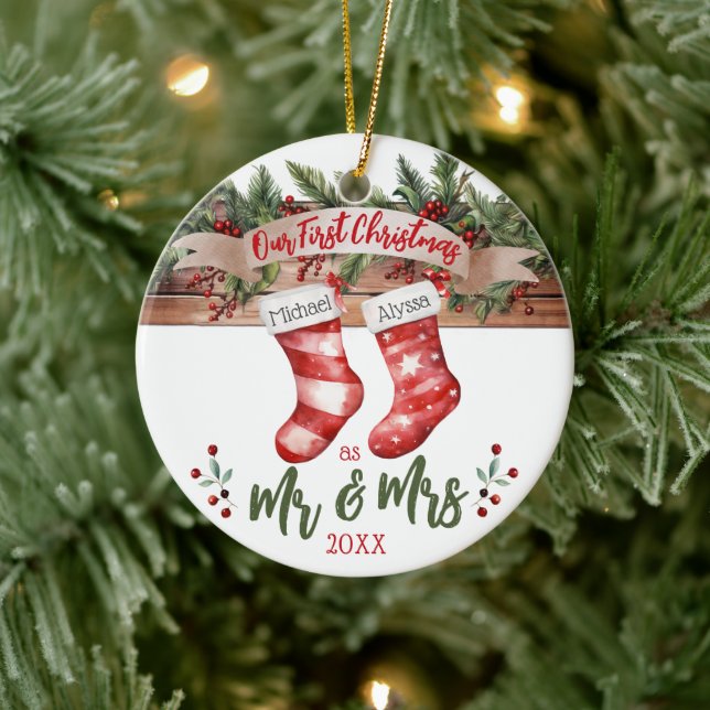 Unsere ersten Weihnachten als Mr. & Mrs. Verheirat Keramik Ornament (Baum)