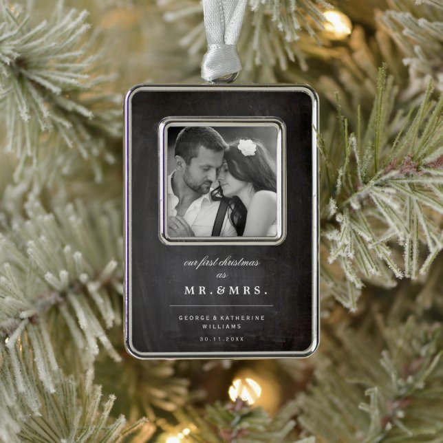 Unsere ersten Weihnachten als Mr. und Mrs. Wedding Rahmen-Ornament Silber (Baum)