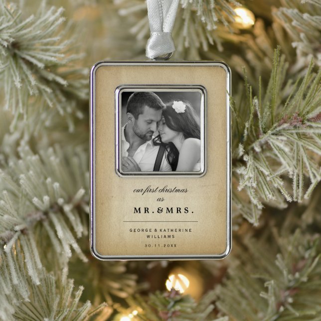 Unsere ersten Weihnachten als Mr. und Mrs. Wedding Rahmen-Ornament Silber (Baum)