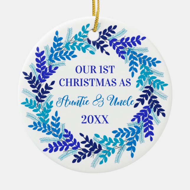Unsere ersten Weihnachten als Tante und Onkel Blau Keramik Ornament (Vorne)