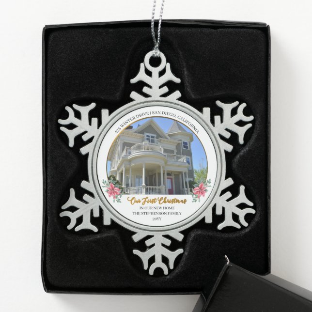 Unsere ersten Weihnachten in unserem neuen Zuhause Schneeflocken Zinn-Ornament (Box)