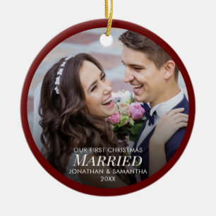 Unsere ersten Weihnachten Verheiratet 2 Foto Dark  Keramik Ornament