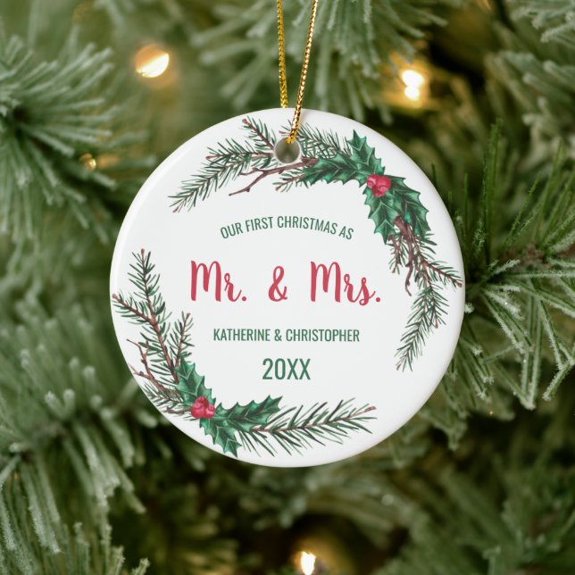 Unsere ersten Weihnachten Verheiratet | Mistletoe Keramik Ornament (Baum)