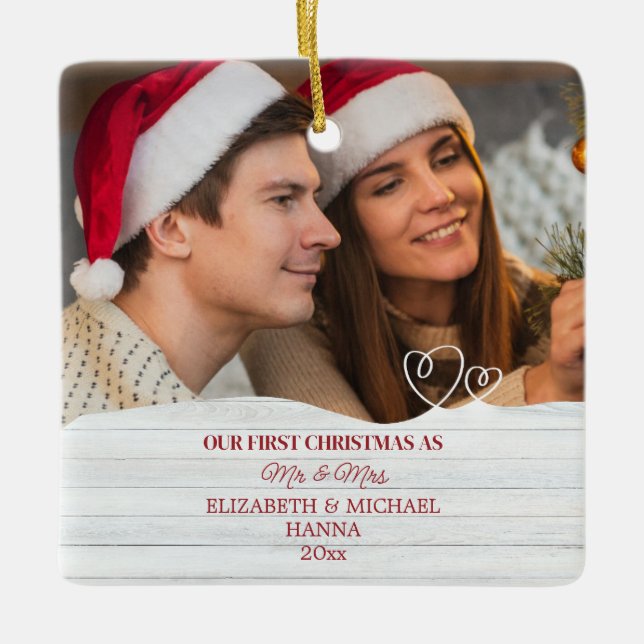 Unsere ersten Weihnachten Verheiratet Mr. & Mrs. K Keramikornament (Vorderseite)