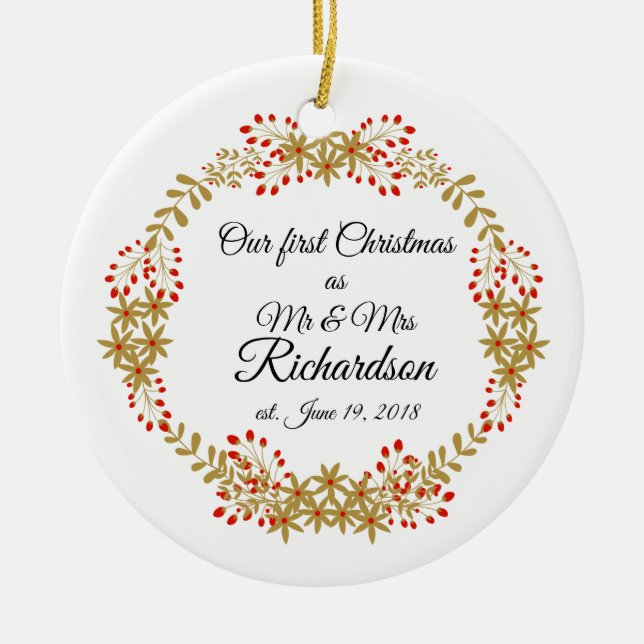 Unsere ersten Weihnachten zusammen als Mr. & Mrs. Keramik Ornament (Vorne)