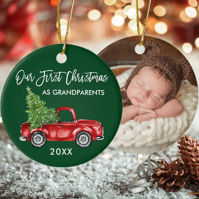 Unsere ersten Weihnachts-Großeltern LKW FOTO Green Keramik Ornament (Grandparents First Christmas Ornament with Photo.)