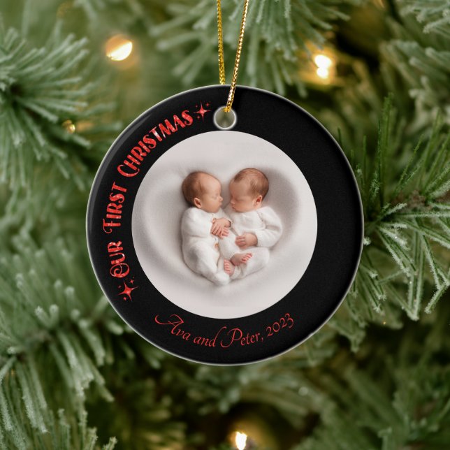 Unsere ersten Weihnachts-Twins Foto Name Custom Bl Keramik Ornament (Baum)