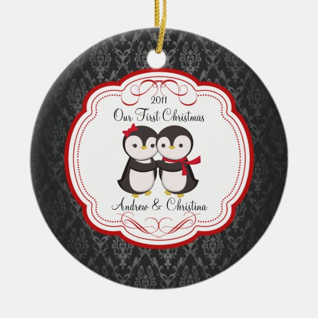 Unsere ersten Weihnachtsverzierungs-Pinguin-Paare Keramikornament (Vorne)