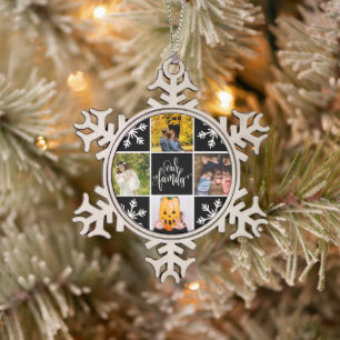 Unsere Familie Foto Collage Black Snowflake Schneeflocken Zinn-Ornament