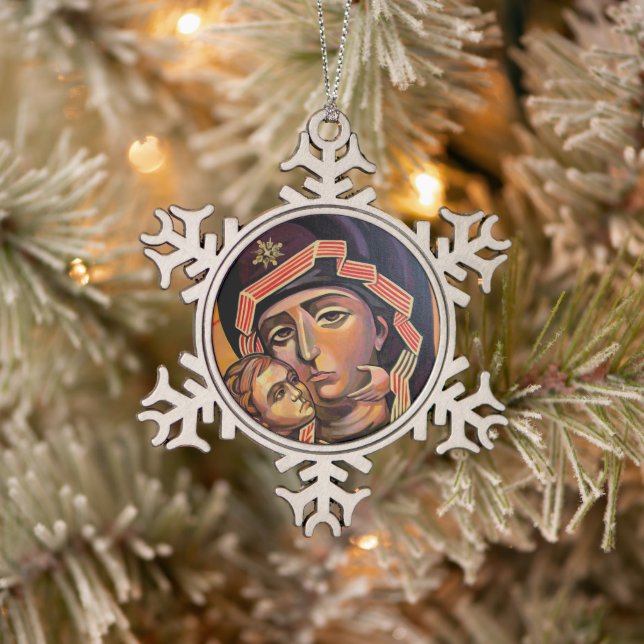 Unsere heilige Mutter Mary Theotokos Schneeflocken Zinn-Ornament (Baum)