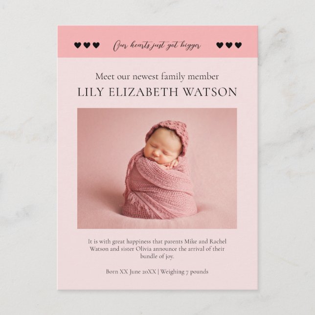 Unsere Herzen got größer, Baby Birth Announcement Postkarte (Vorderseite)