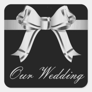 "Unsere Hochzeit" - Silber/Grau Bow und Ribbon[a] Quadratischer Aufkleber