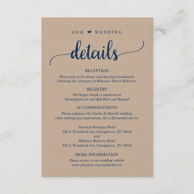Unsere Hochzeitdetails, rustikal braune Kraft Navy Begleitkarte (Vorderseite)
