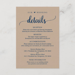 Unsere Hochzeitdetails, rustikal braune Kraft Navy Begleitkarte