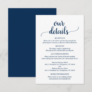 Unsere Hochzeitdetails, rustikales blaues Skript d Begleitkarte
