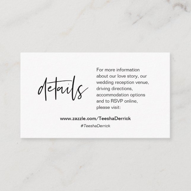 Unsere Hochzeitsdetails, moderne Kalligraphie Begleitkarte (Vorderseite)